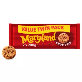 Maryland Cookies Chocolate Chip Twin Pack 400g, featuring crunchy cookies with chocolate chips, no artificial additives.