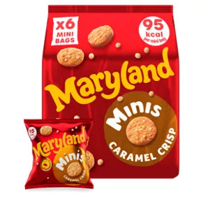 Maryland Caramel Crisp Minis Cookies 118.8g packaging featuring 6 mini bags with 95 kcal per bag for on-the-go snacking.