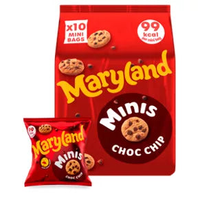 Maryland Cookies Minis Choc Chip, 10 mini bags, 198g packaging displaying cookies and calorie content.