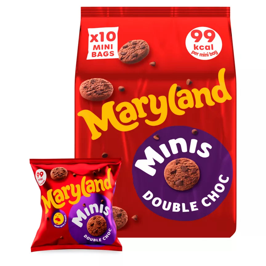 Maryland Cookies Minis Double Choc 10 mini bags packaging featuring chocolate chip cookies and 99 kcal per bag.