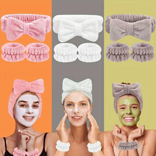 3pcs Face Wash Wristband Headband Set in various colors, showcasing users enjoying skincare routines.