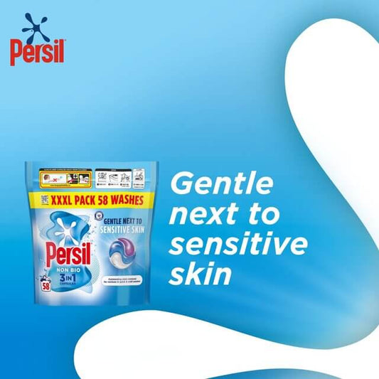 Persil 3 in 1 Washing Capsules Non Bio with 58 washes, gentle on sensitive skin, ideal for effective stain removal.