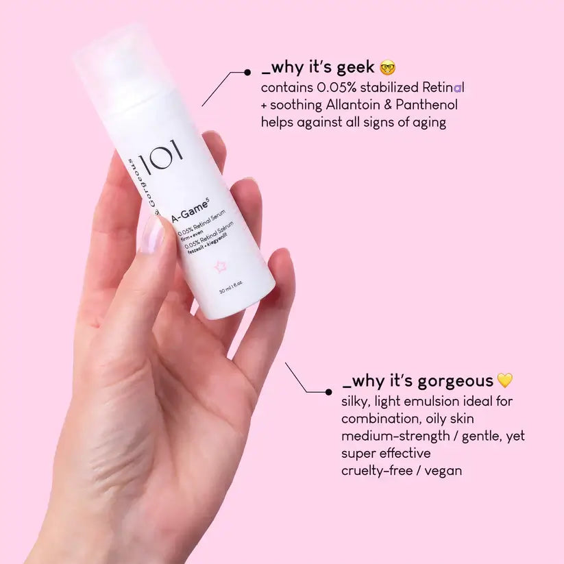 Geek & Gorgeous 101 A-Game 5 product in hand, featuring anti-aging benefits and cruelty-free, vegan formula.