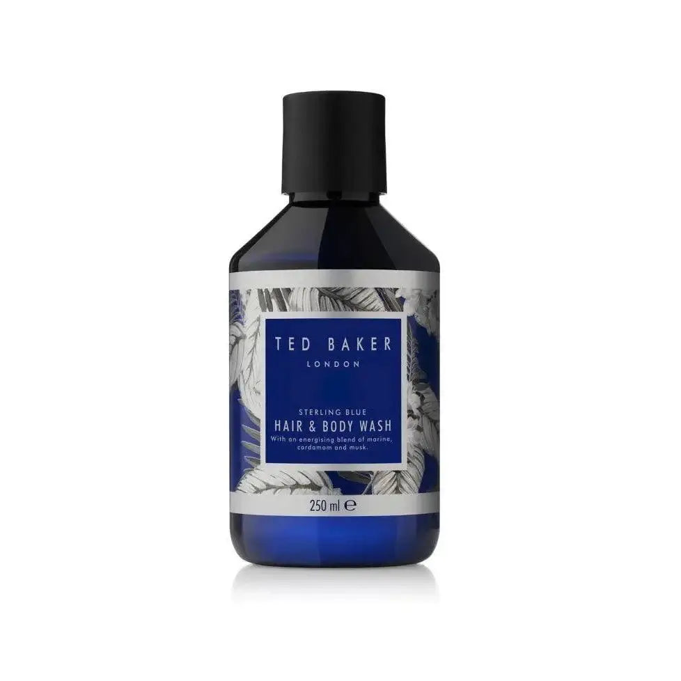 Ted Baker Hair and Body Wash 250ml in a sleek bottle with a blue design, perfect for luxury grooming.