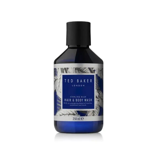 Ted Baker Hair and Body Wash 250ml in a sleek bottle with a blue design, perfect for luxury grooming.