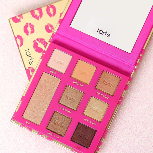 TARTE eye & cheek palette featuring 7 warm-toned shadows and a white gold highlighter for versatile looks.