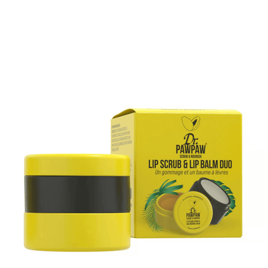 Dr PAWPAW Scrub & Nourish 2 in 1 Scrub lip balm duo in yellow packaging, designed for soft, nourished lips.
