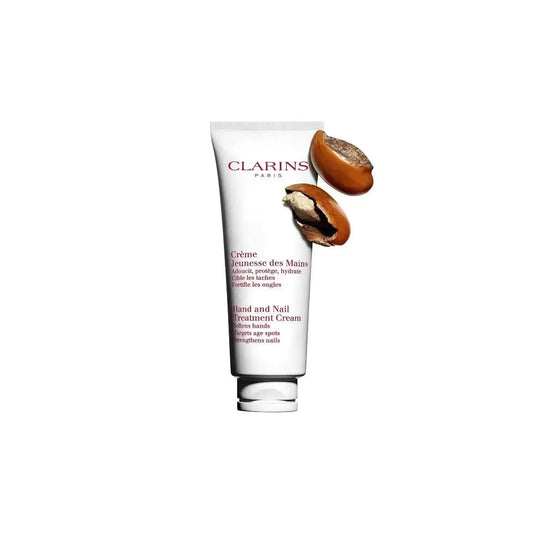 Clarins Hand & Nail Treatment Cream tube with shea butter, enriched with sesame oil and Japanese mulberry extract.