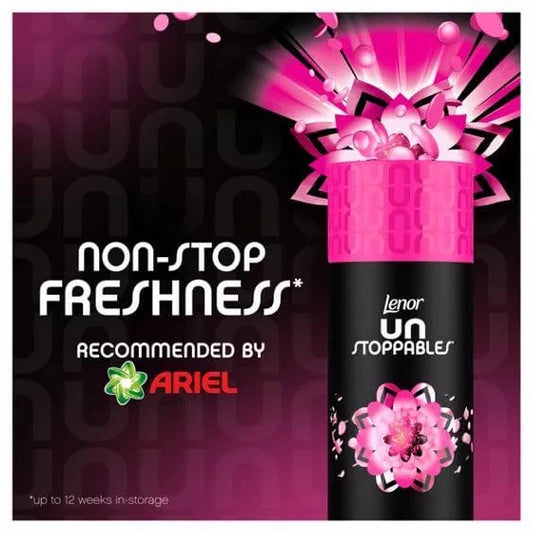 Lenor Unstoppables in-wash scent booster for non-stop freshness, recommended by Ariel, keeps laundry fresh up to 12 weeks.