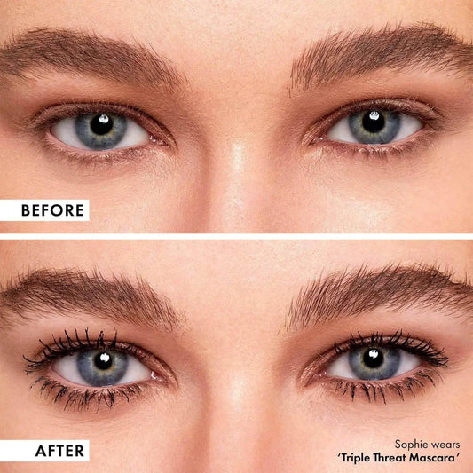Before and after comparison of eyes showcasing ICONIC London Triple Threat Mascara's lifting and volumizing effect.