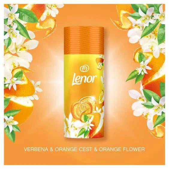 Lenor In-Wash Scent Booster Citrus & White Verbena 176g with orange and floral accents.