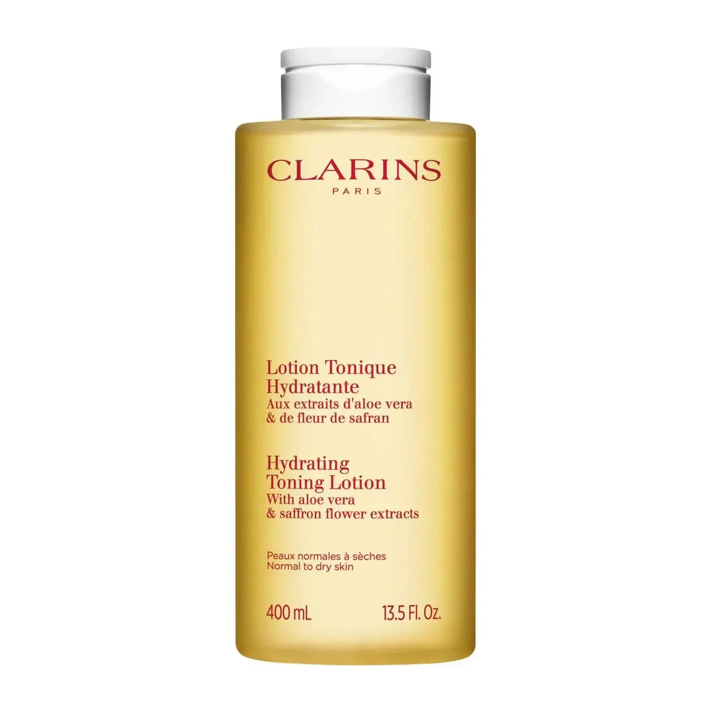 CLARINS Hydrating Toning Lotion with aloe vera and saffron, suitable for normal to dry skin types, 400 ml bottle.