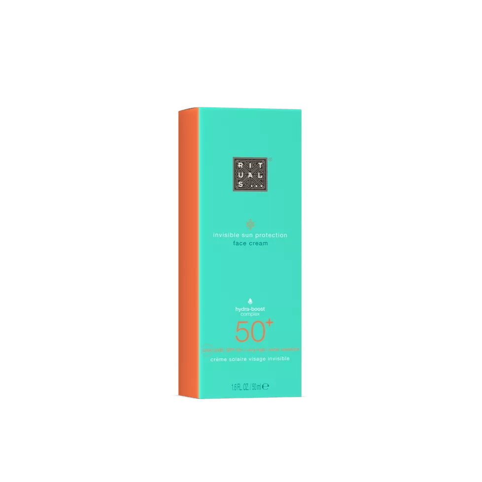 RITUALS Karma Sun Face Cream SPF 50+ packaging with aqua and orange design, offering invisible sun protection for the skin.