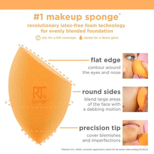 Real Techniques Miracle Complexion Sponge with flat edge, round sides, and precision tip for flawless makeup blending.