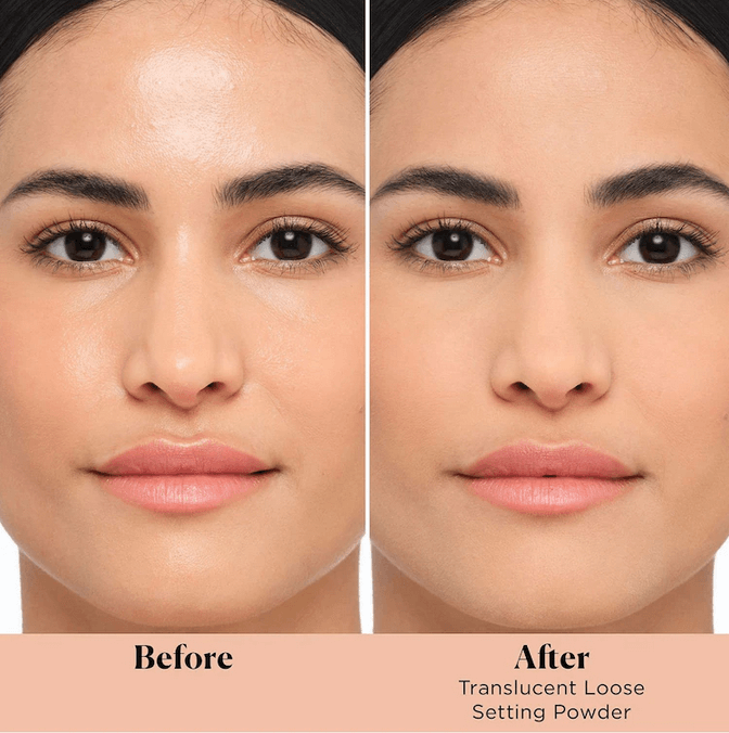 Before and after comparison of a woman's face with Laura Mercier translucent loose setting powder.