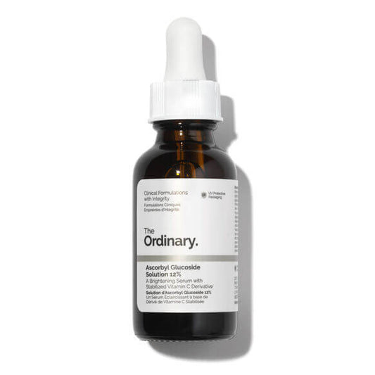 The Ordinary Ascorbyl Glucoside Solution 12% serum in a glass bottle with dropper for brighter complexion.