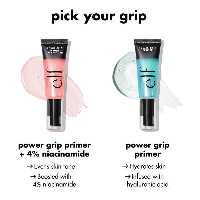 e.l.f Power Grip Primer options, featuring 4% Niacinamide and Hydrating formula with Hyaluronic Acid for smooth skin.