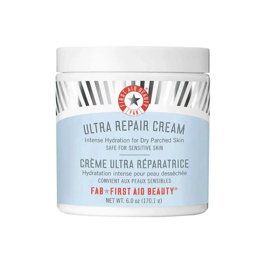 First Aid Beauty Ultra Repair Cream close-up, intense hydration for sensitive and dry skin in convenient 6 oz jar.