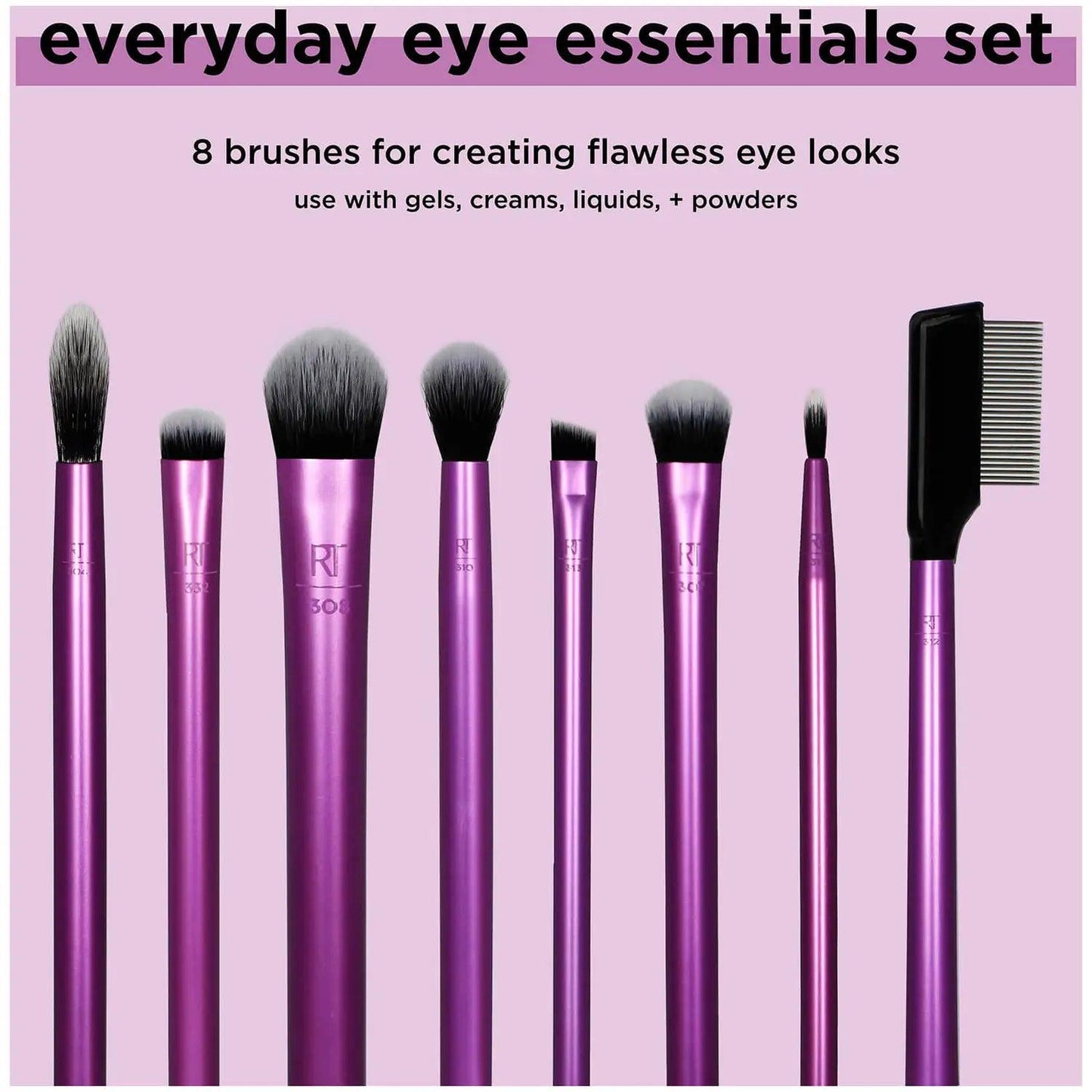 Real Techniques Everyday Eye Essentials set featuring 8 eye brushes with soft bristles and metallic purple handles for flawless makeup looks.