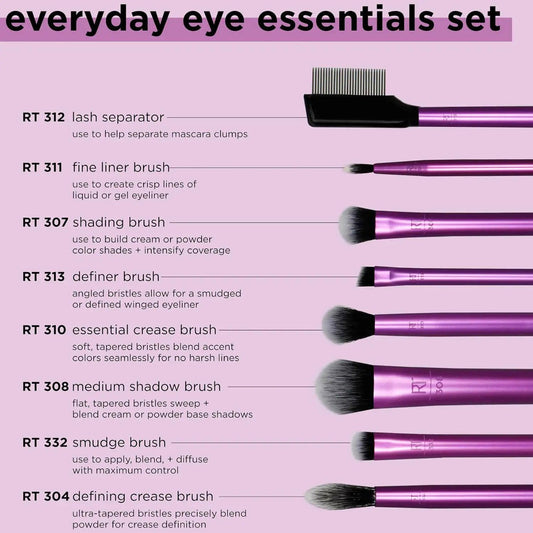 Real Techniques Everyday Eye Essentials set featuring eight eye makeup brushes for precise application and blending.