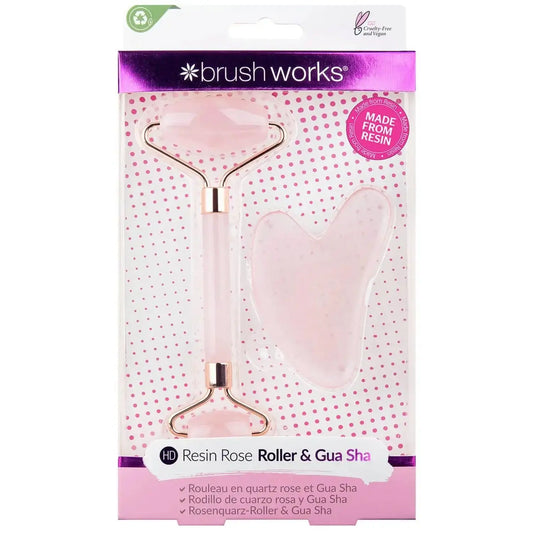 Brushworks HD Rose Quartz Resin Roller and Gua Sha set for soothing, cooling skin and reducing puffiness.