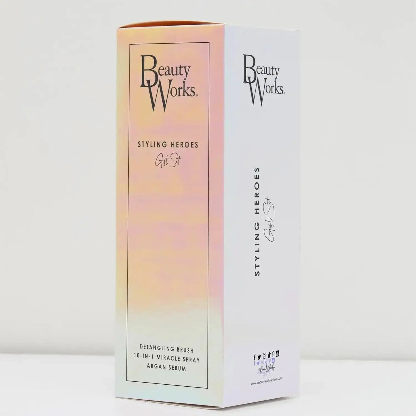 Beauty Works Styling Heroes Gift Set featuring a detangling brush and treatments for shiny, smooth hair.