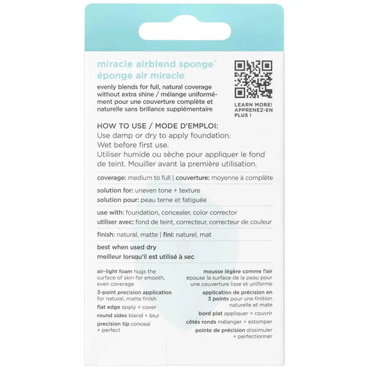Miracle Airblend Sponge packaging details, featuring instructions for use with foundation and recommended techniques.