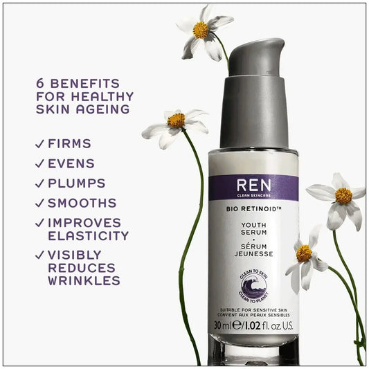 REN Clean Skincare Bio Retinoid Youth Serum 30ml showcasing 6 benefits for healthy skin aging including firming and smoothing.