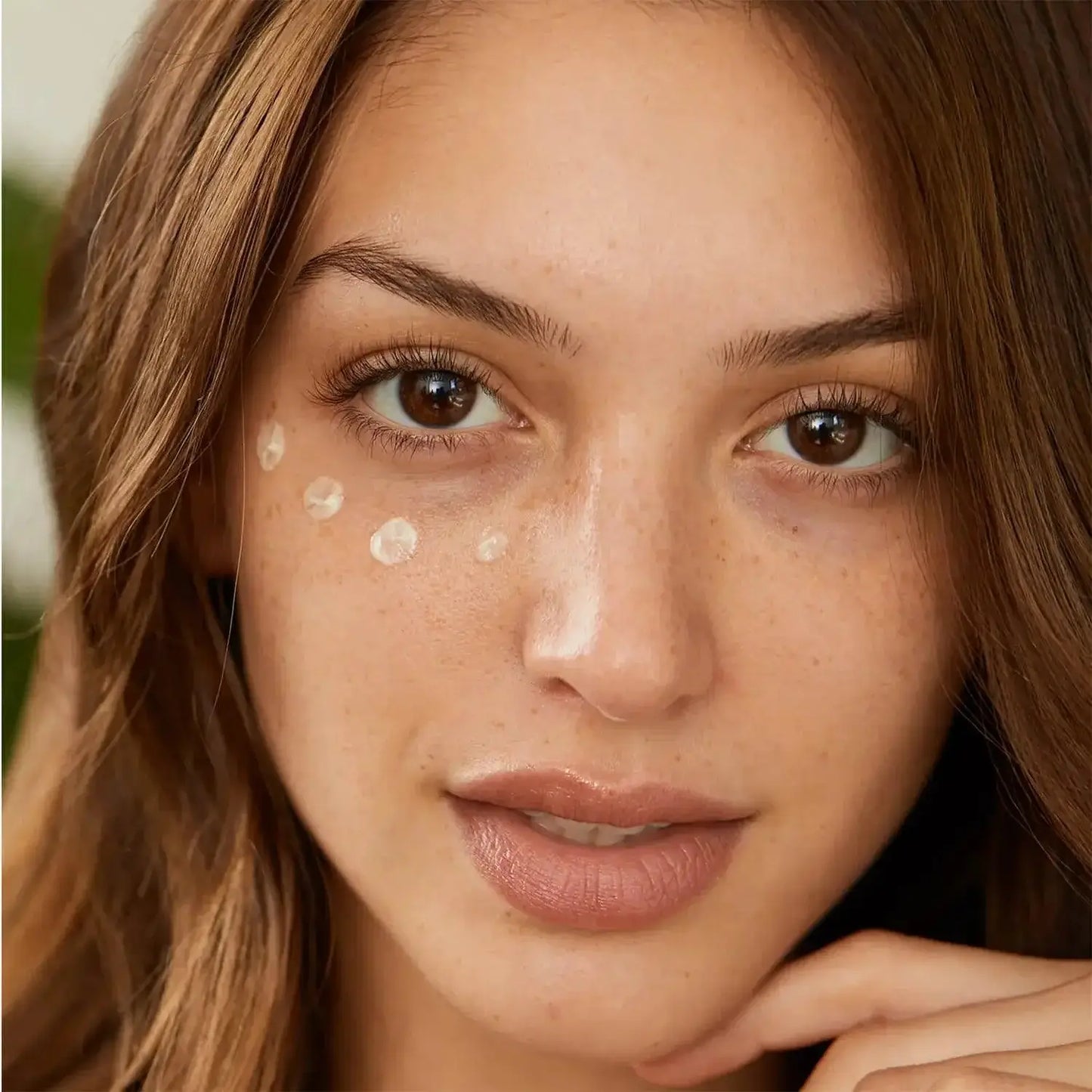 Model applying GLOW RECIPE Avocado Retinol Eye Sleeping Mask under her eyes for brightening and nourishing effect.