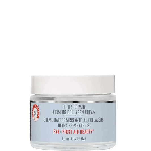 First Aid Beauty Ultra Repair Firming Collagen Cream in a 50ml jar for dry skin relief and rejuvenation.
