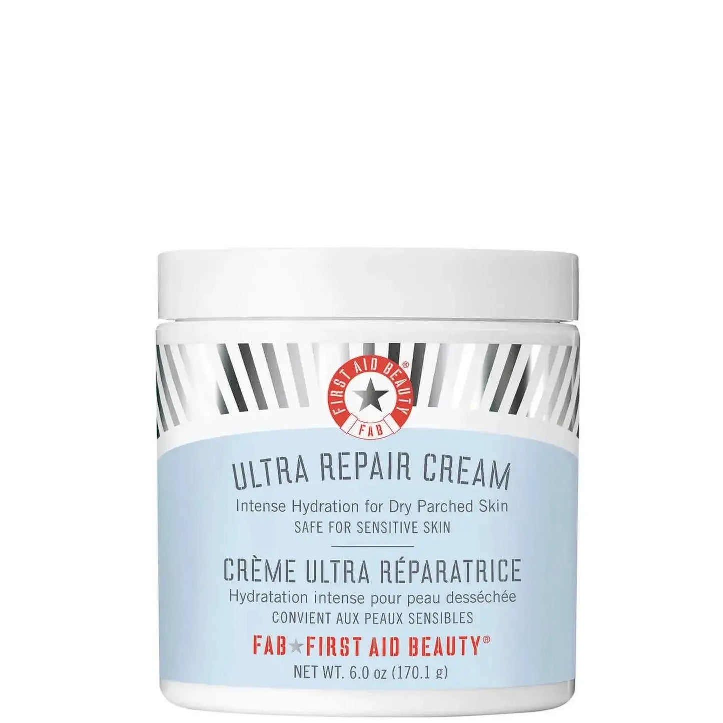 First Aid Beauty Ultra Repair Cream jar for intense hydration of dry skin, safe for sensitive skin, 170g.