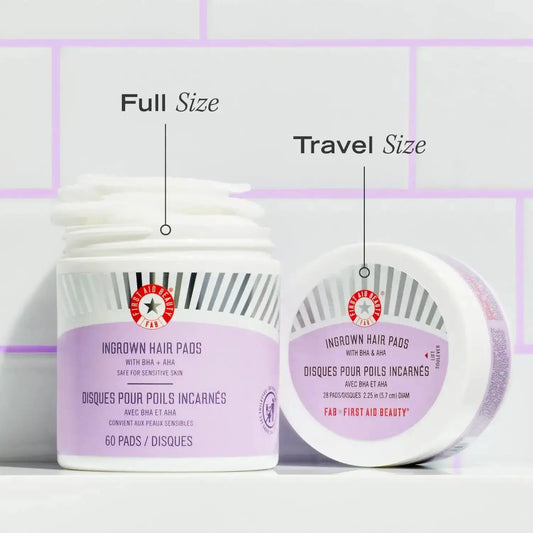 First Aid Beauty Ingrown Hair Treatment Pads in full and travel sizes, highlighting 60 and 28 pads packaging.