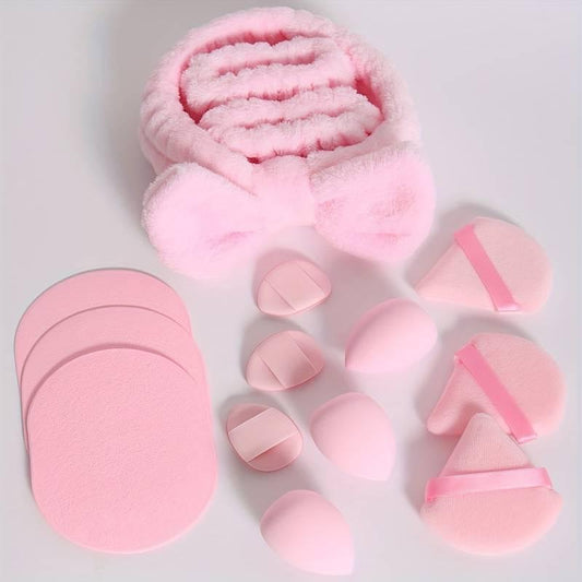 15pcs pink hair dressing beauty tools kit including sponges and a plush bow headband for flawless makeup application.