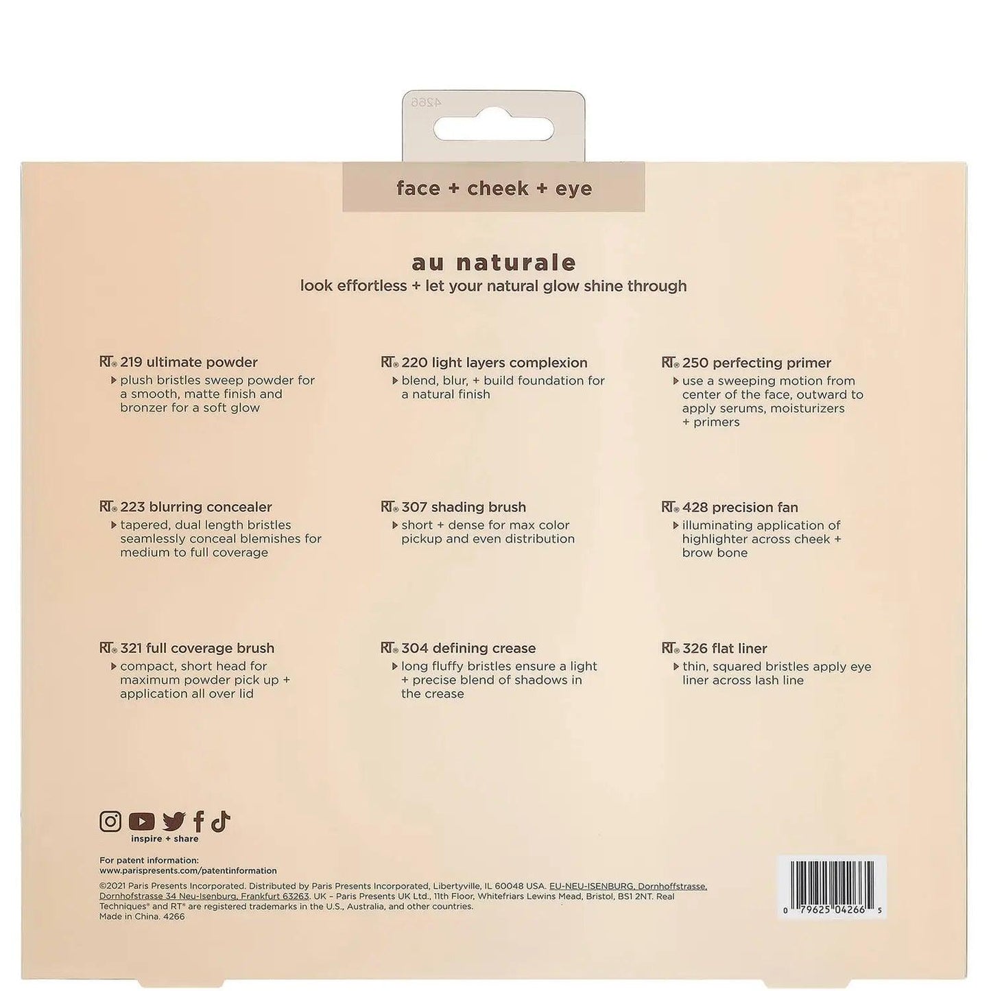 Back of Real Techniques Au Naturale Complete Brush Kit showing brush names and uses for flawless makeup application.