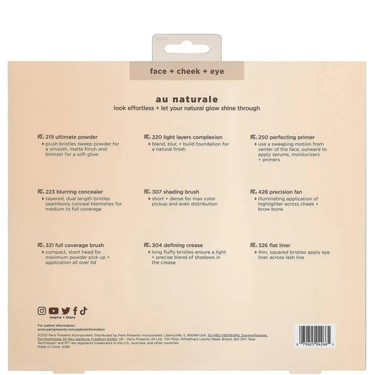 Back of Real Techniques Au Naturale Complete Brush Kit showing brush names and uses for flawless makeup application.