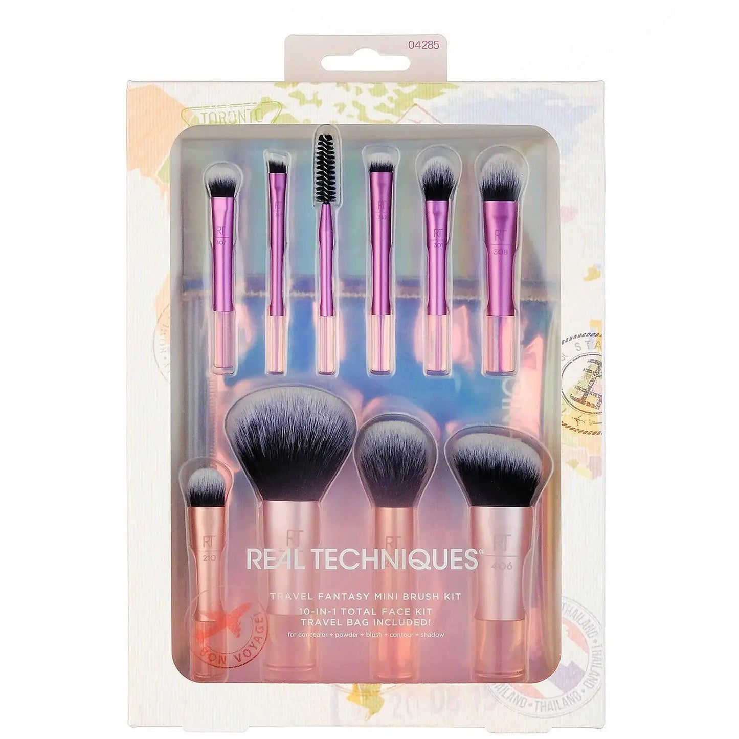 Real Techniques Travel Fantasy Mini Brush Kit with travel-sized brushes, vegan and cruelty-free, perfect for makeup on the go.