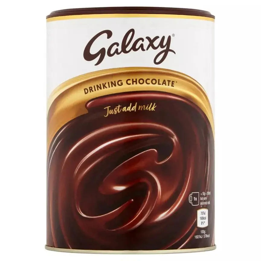 Galaxy Drinking Chocolate 500g can with rich chocolate swirl, just add milk for indulgent flavor, suitable for vegetarians.