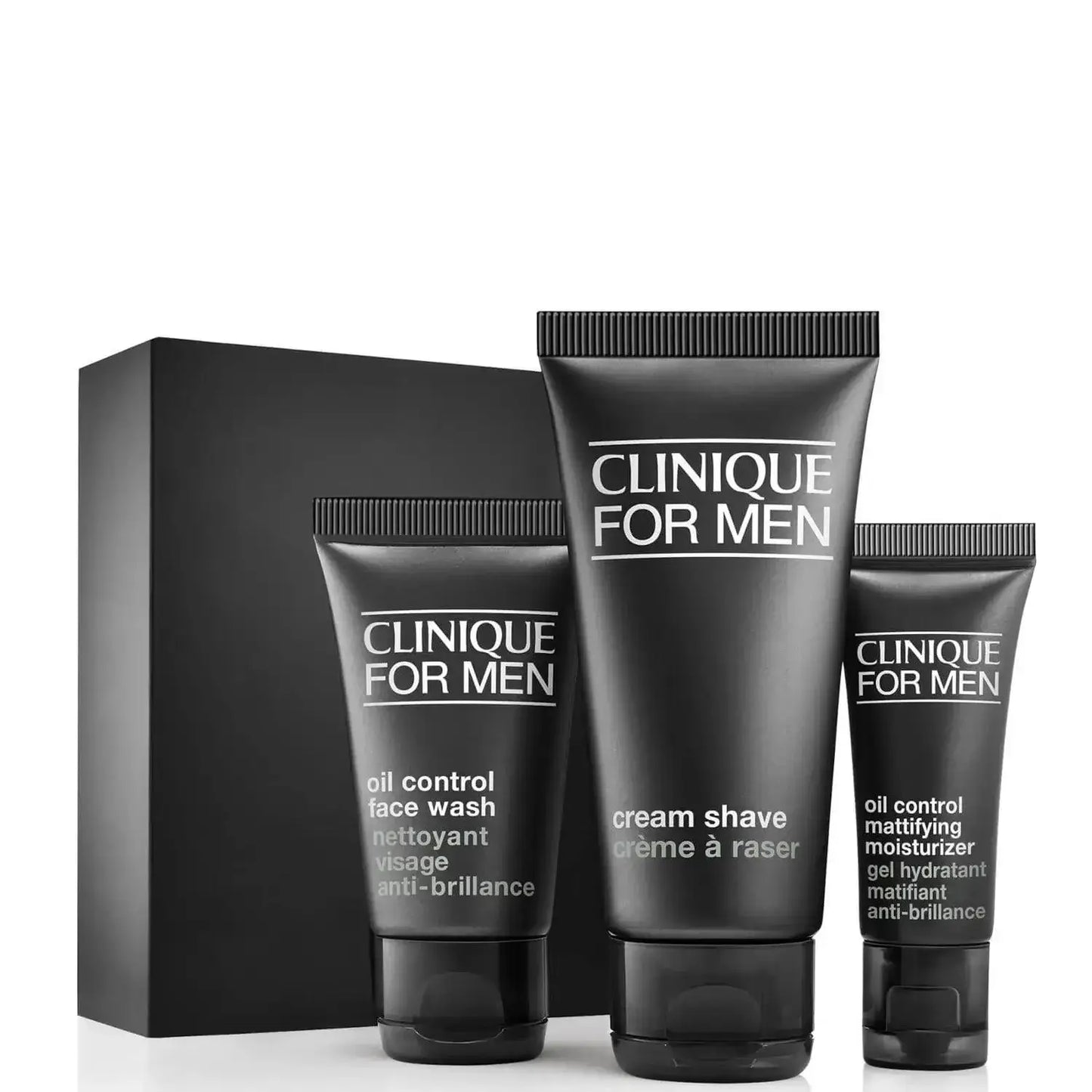 Clinique for Men Daily Oil-Free Essentials Starter Kit with face wash, shaving cream, and moisturizer.