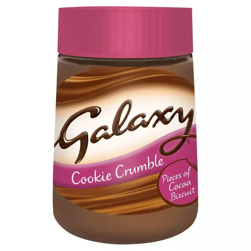 Galaxy Cookie Crumble 350g jar featuring cocoa biscuit pieces, suitable for vegetarians, available for pre-order.