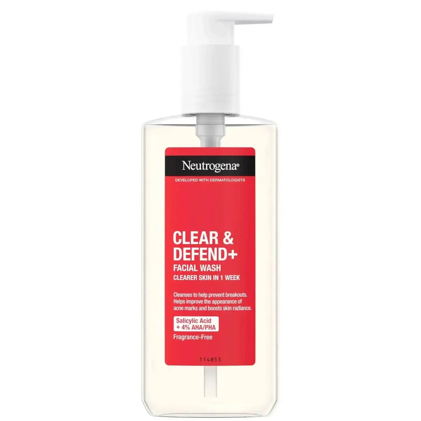 Neutrogena Clear and Defend Plus Facial Wash 200ml for oily skin, featuring AHA/PHA blend for balanced, radiant complexion.