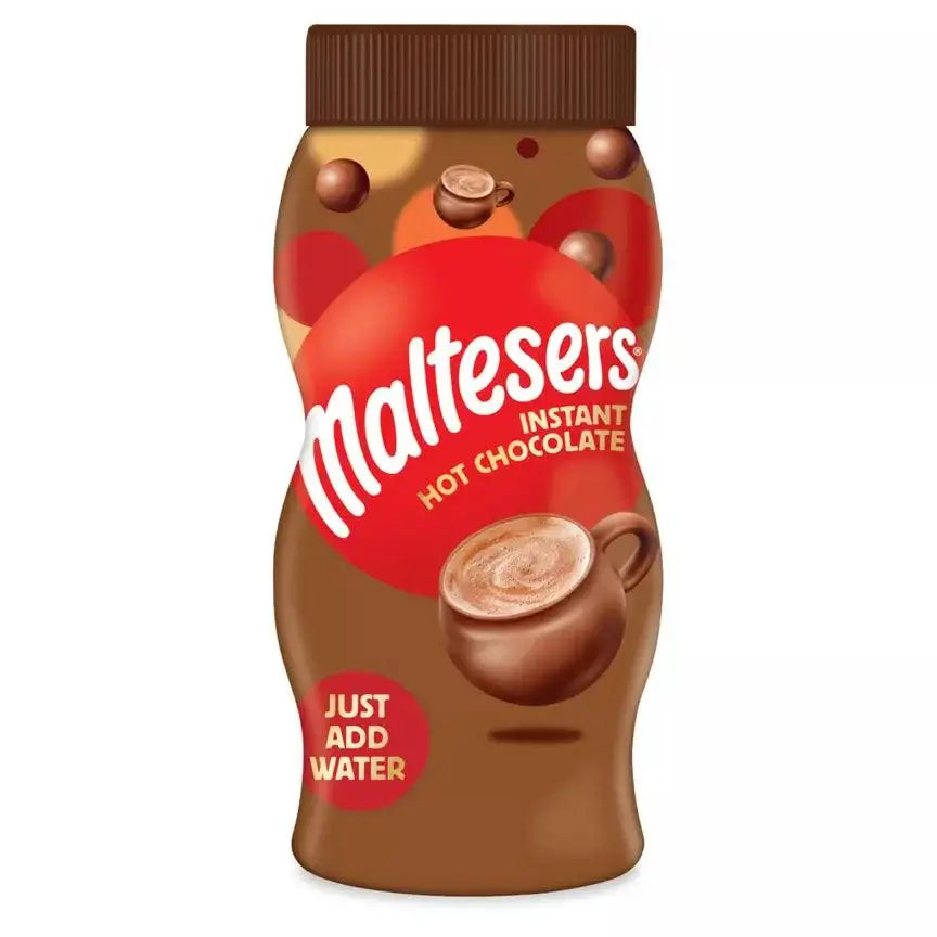 Maltesers Malty Instant Hot Chocolate 350g bottle with a cup illustration, suitable for vegetarians, just add water.