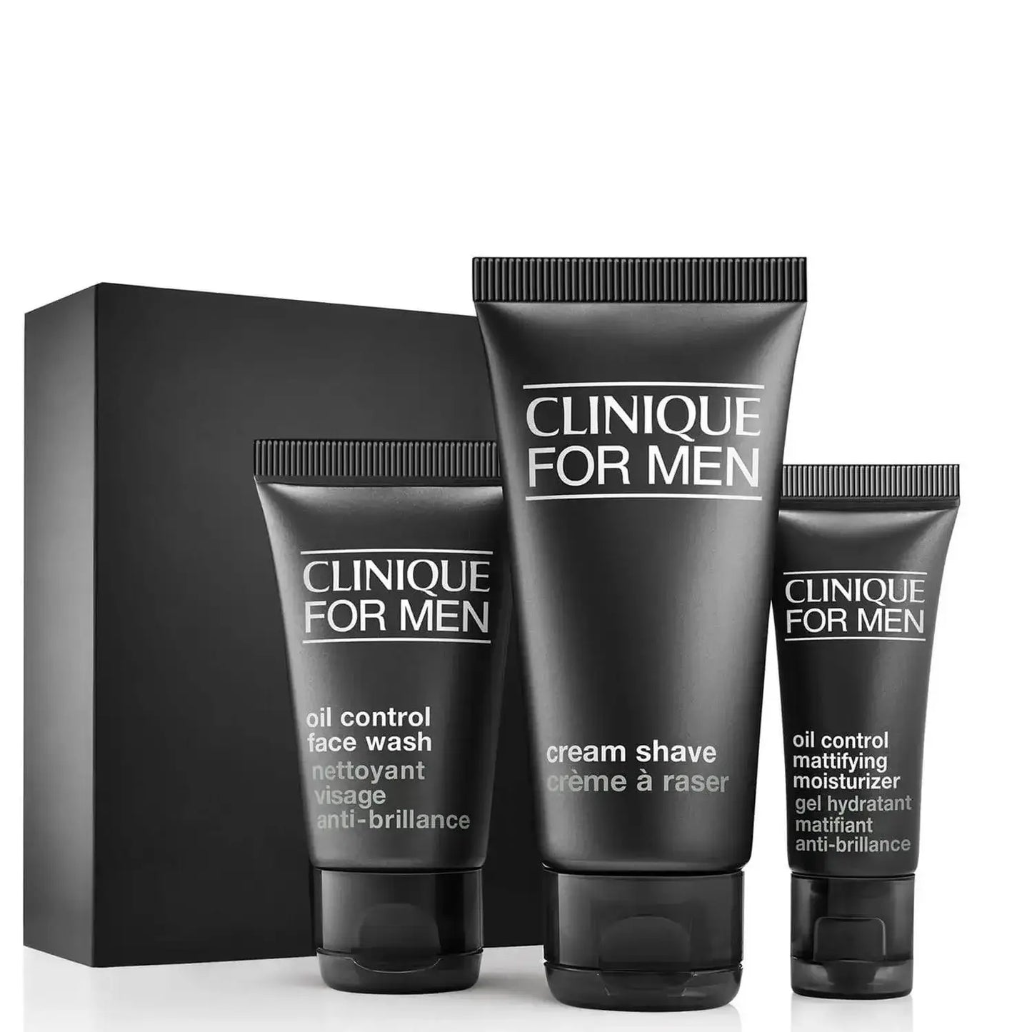 Clinique for Men Starter Kit featuring face wash, cream shave, and oil control moisturiser in sleek black packaging.