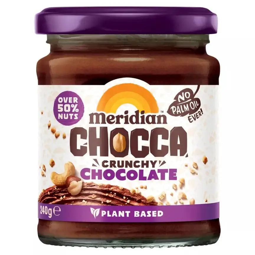 Meridian Chocca Crunchy Chocolate Spread 240g jar, vegan, gluten-free, with over 50% nuts and no palm oil.