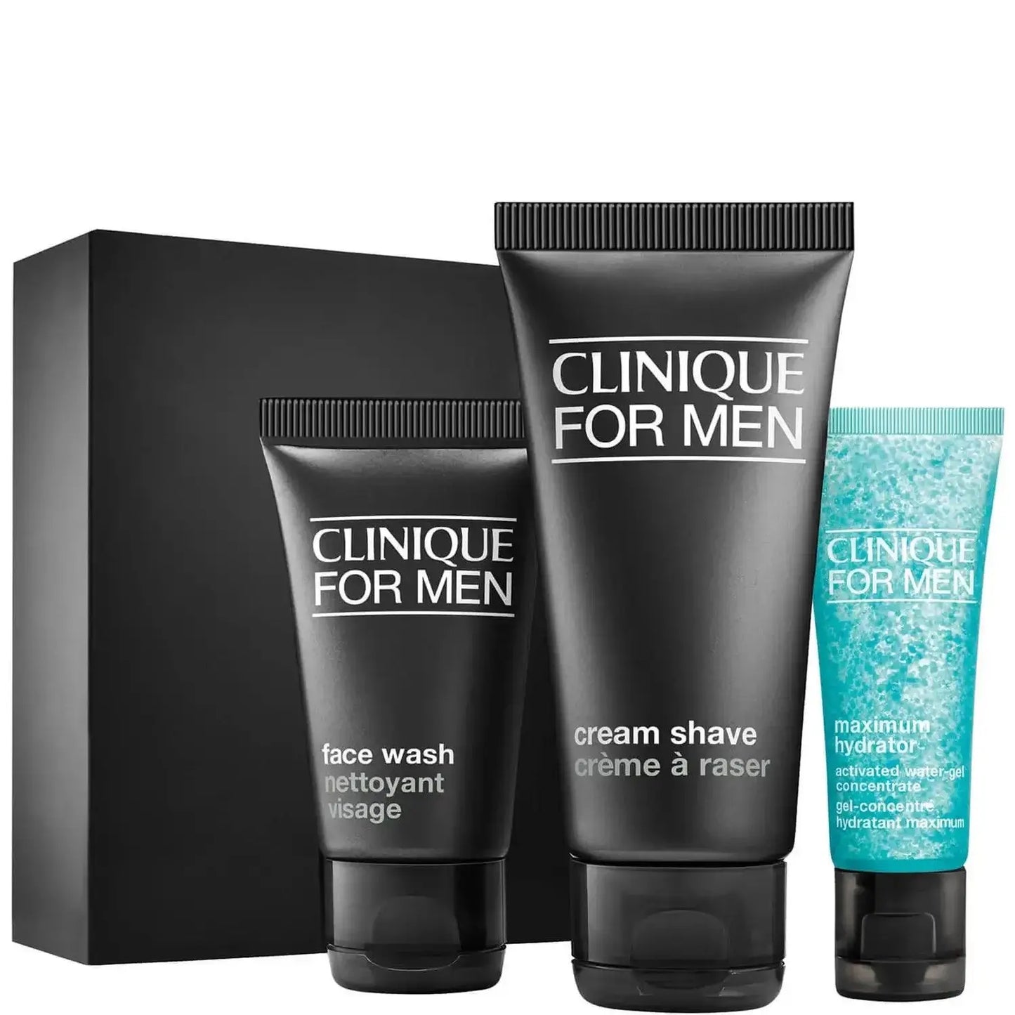 Clinique for Men Daily Intense Hydrator Set featuring face wash, cream shave, and maximum hydrator in travel-friendly sizes.