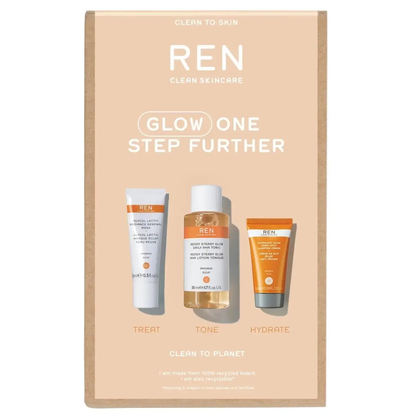 REN Clean Skincare Glow One Step Further kit with toner, dark spot cream, and face mask for brightening skin.