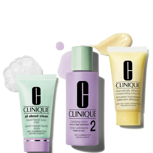 Clinique 3 Step Skincare Kit for combination skin, featuring cleanser, exfoliating toner, and oil-free moisturizer.