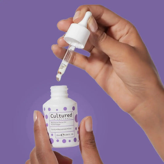 Cultured Biomecare Resilience Facial Oil 25ml bottle with dropper for radiant, hydrated skin.