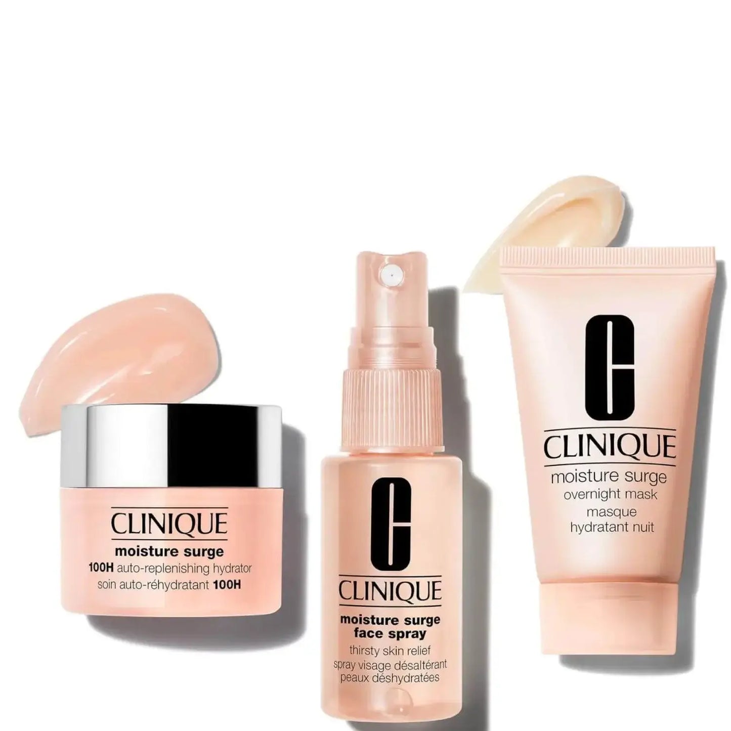 Clinique Hydration Mini Kit includes Moisture Surge cream, face spray, and overnight mask for intense hydration.
