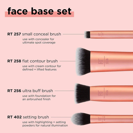 Real Techniques Face Base Set with four makeup brushes for blending, concealing, and setting foundation.