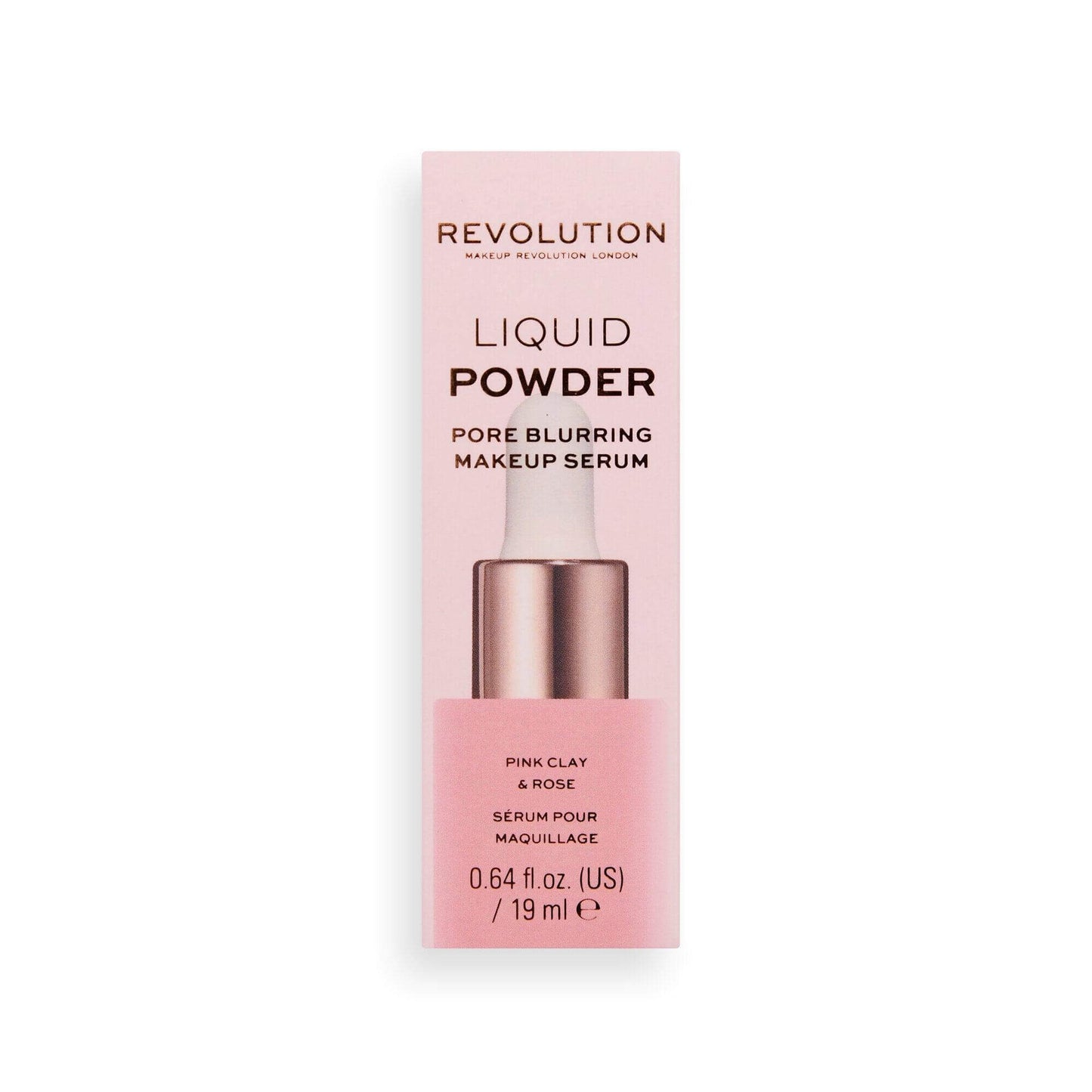 Makeup Revolution Liquid Powder Pore Blurring Makeup Serum 19ml packaging with pink clay and rose ingredients.
